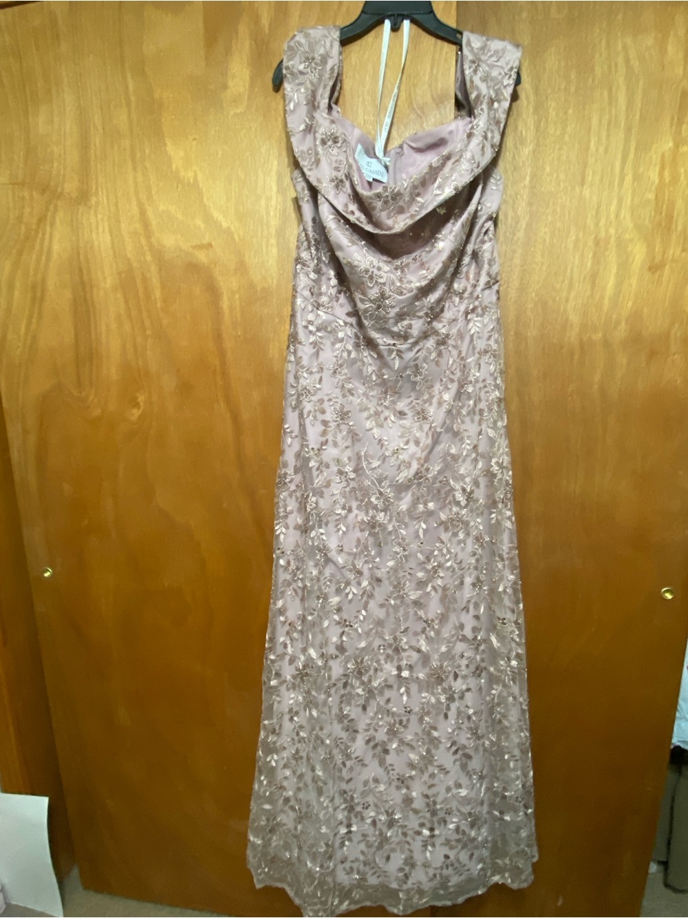 Oleg Cassini Blush Pink Embellished Cowl Neck Maxi Gown